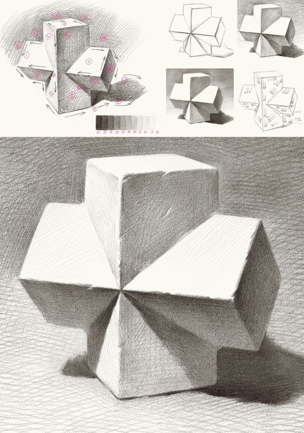 素描基础教学:方体贯穿体