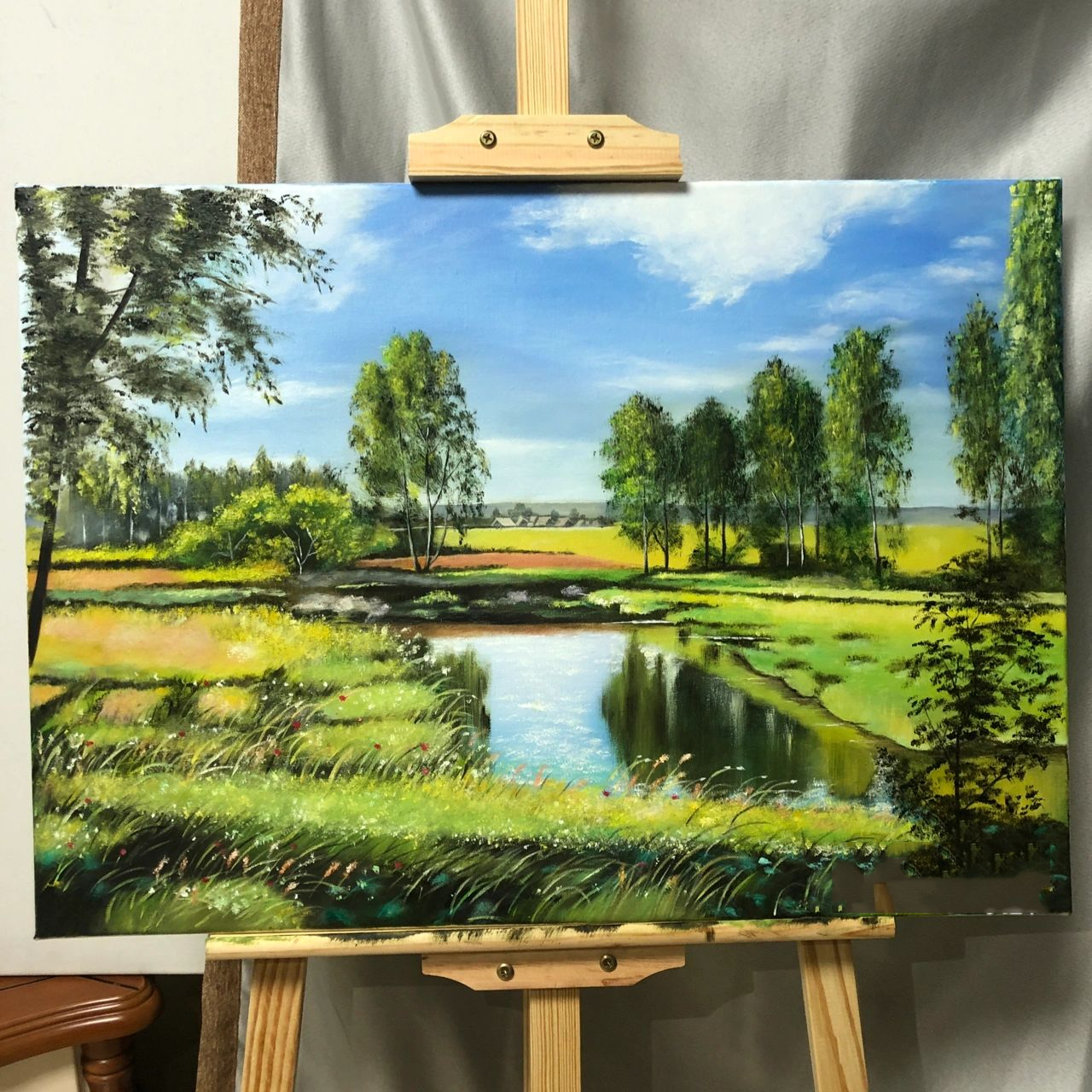 风景油画蓝天白云草地(附步骤图) 尺寸:50*70 油画颜料 临摹尤什科