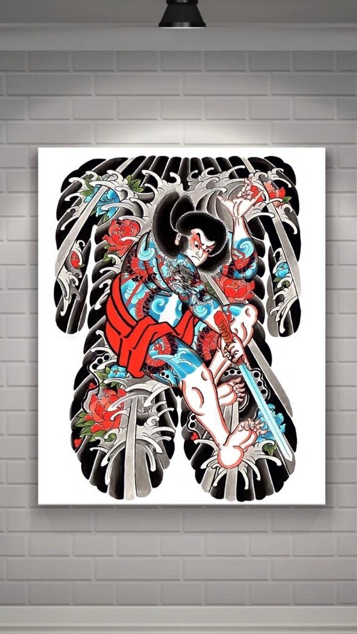 日式老传统人物类满背纹身手稿