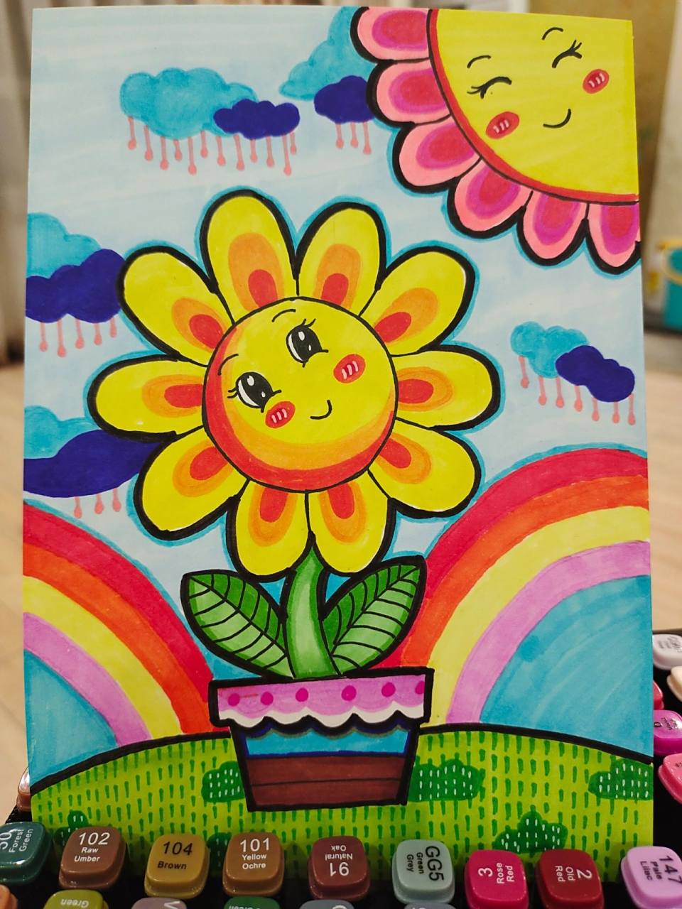 马克笔儿童简笔画《太阳花》(附线稿)