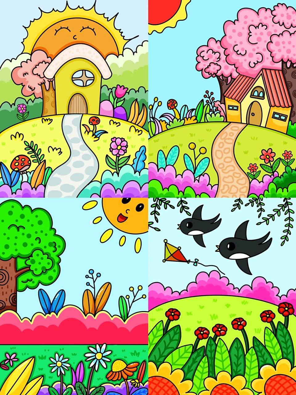 春天主题画 合集 创意画 儿童画 简笔画 带线稿#创意美术儿童画