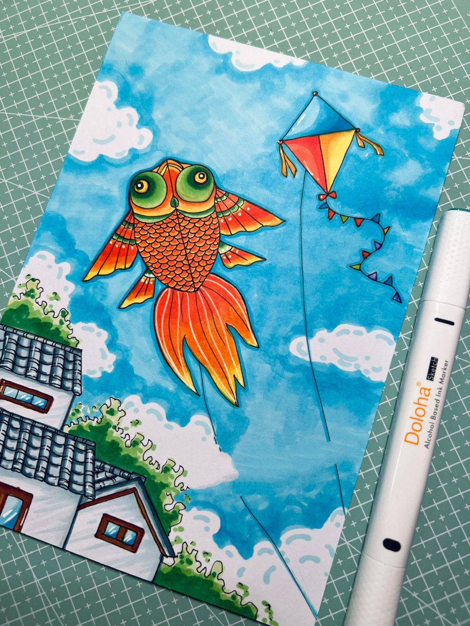 马克笔儿童画-春天主题画-放风筝