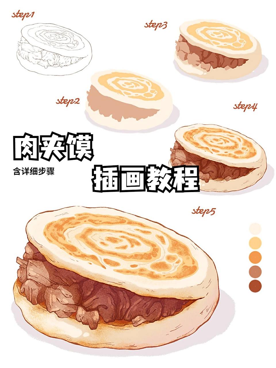 插画教程‖ 肉夹馍画法 每天下班回家的路上,入过大叔的肉夹馍店都会