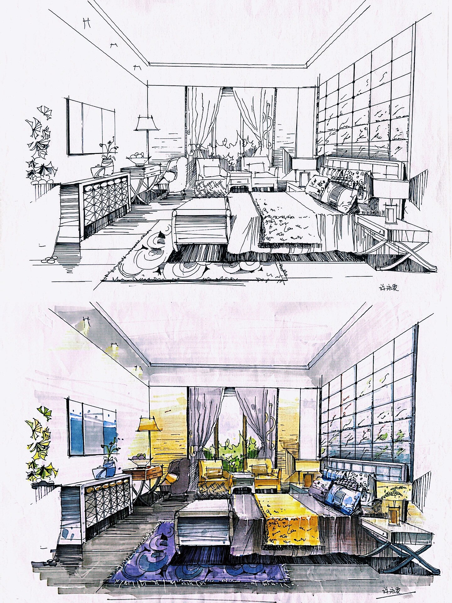 卧室空间手绘 手绘效果图写生 卧室空间 线稿77上色 风格 现代轻奢