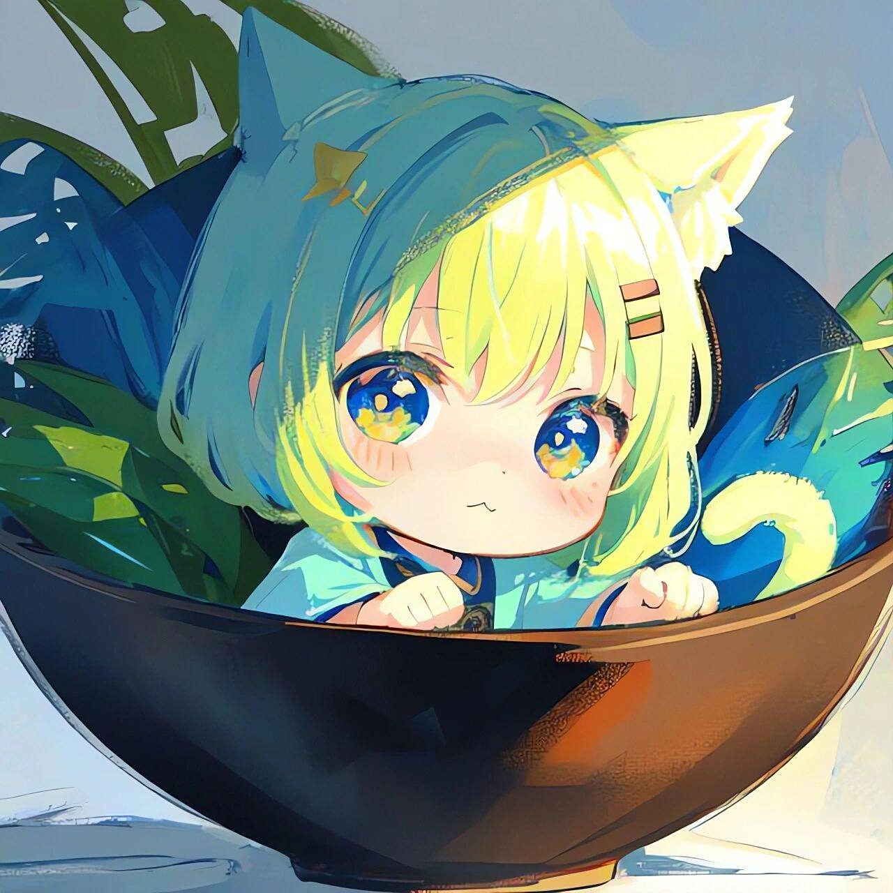 在碗里的q版可爱猫耳女孩头像06|粉彩画 78可自行拿图自用 78