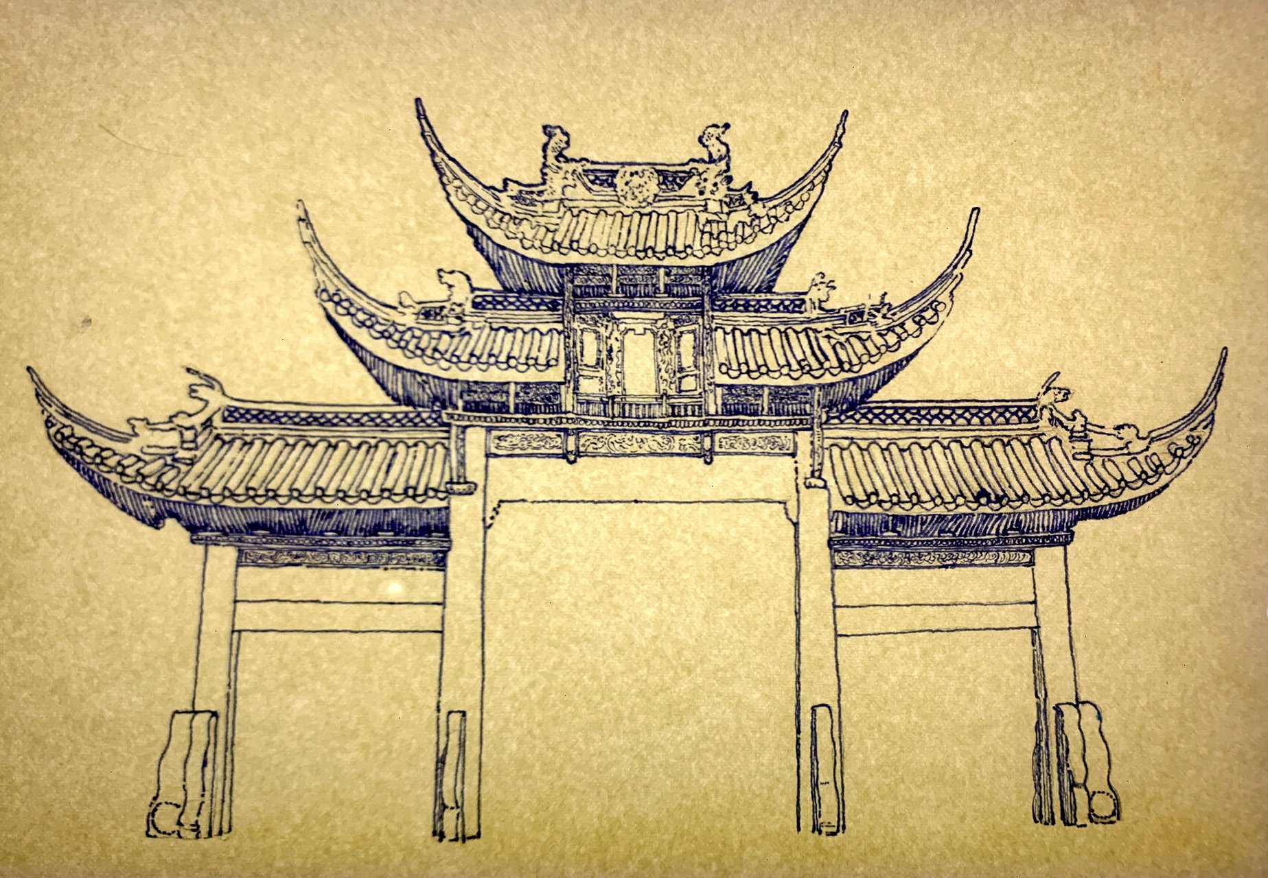 钢笔画|中式牌楼 古建筑之美,在于它所呈现出来的绘画的雕塑感,或者说