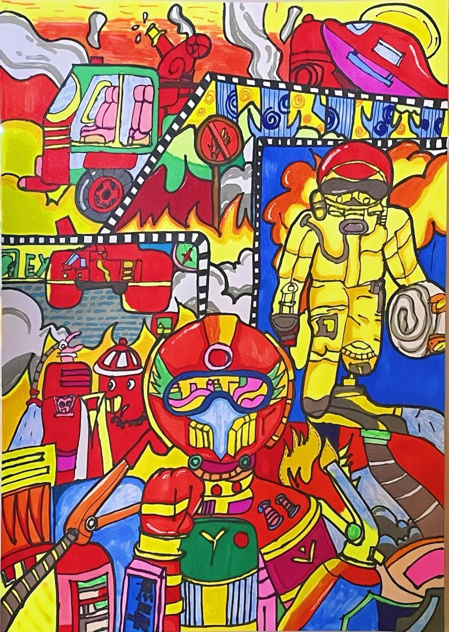 消防主题绘画 | 礼赞消防 纸张:a4纸 火灾时,你顶着烈火冲进滚滚浓烟