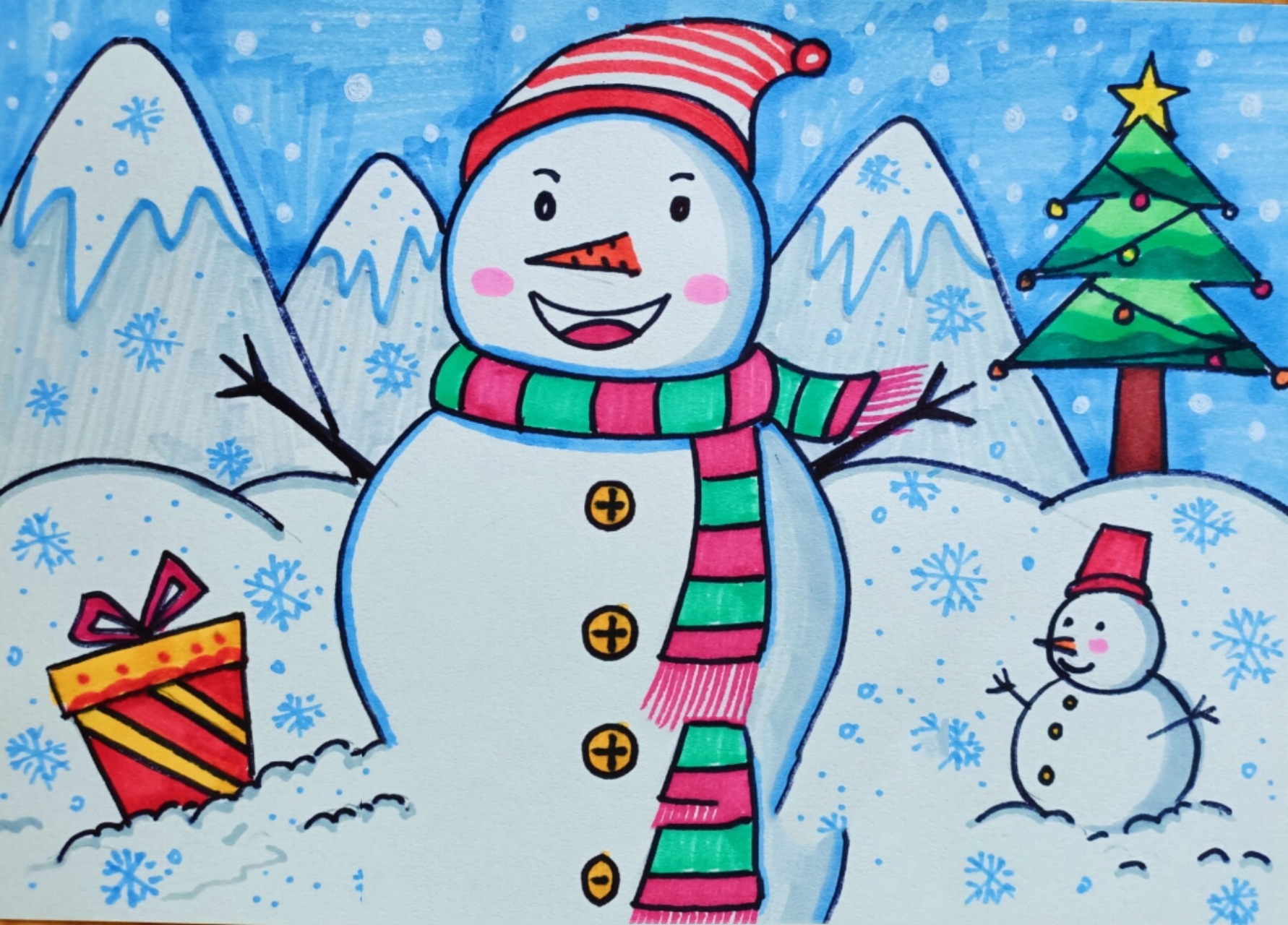 儿童简笔画创意画冰雪世界雪人寒冷冬天雪花 原创,临摹a我哦