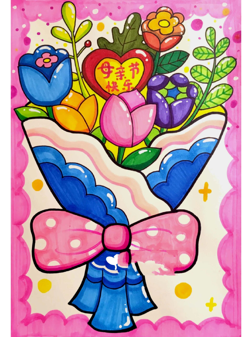 简单的母亲节手捧花丨儿童画附线稿