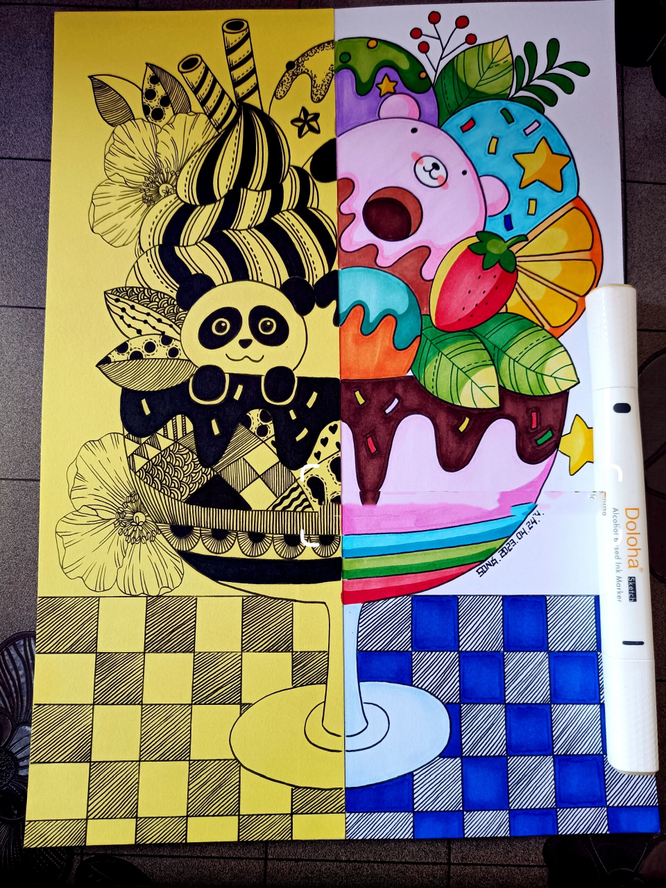 线描创意画《夏日冰淇淋》 马克笔线描画-273夏日冰淇淋