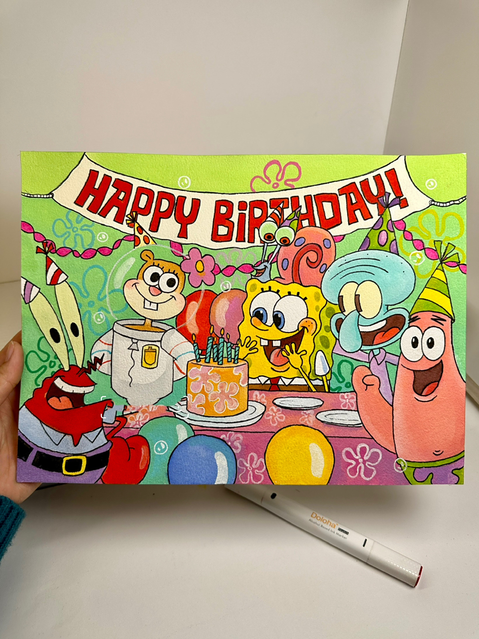 好喜欢过生日的场景吖 快来画海绵宝宝生日派对全家福送给好朋友吧