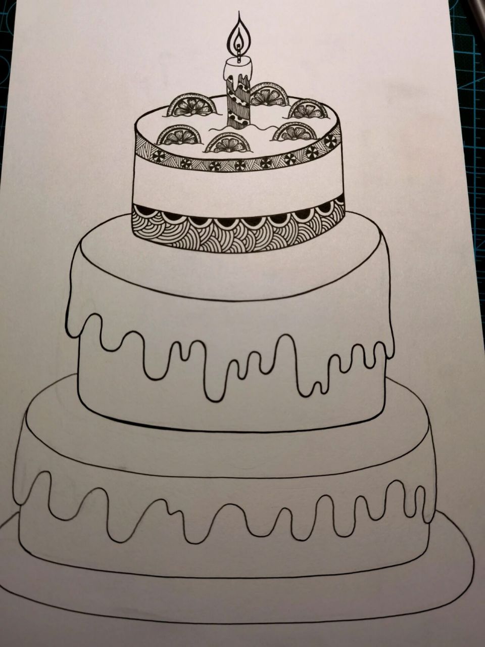 生日蛋糕线描画 黑白装饰画 今天画了一个大蛋糕,一起来为你身边过