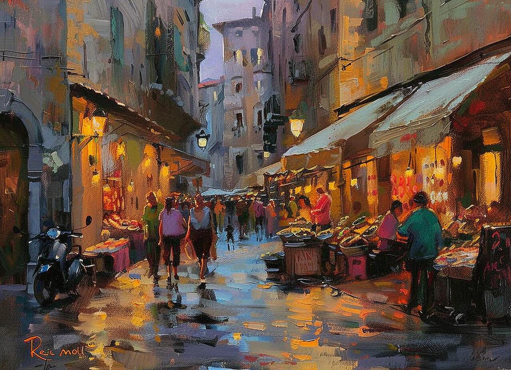 ai油画|意大利卢卡傍晚街景