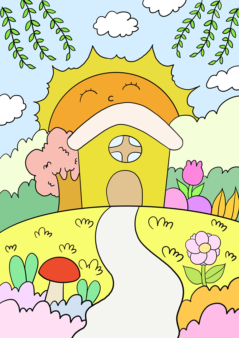 春天主题画 风景画 房子太阳升起儿童画 有原图线稿 春天儿童画场景画