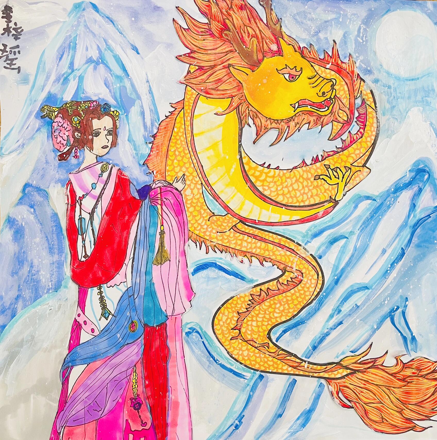 一年级作品寓言故事创意画《画龙点睛》 1,观看龙的图片,了解龙的寓意