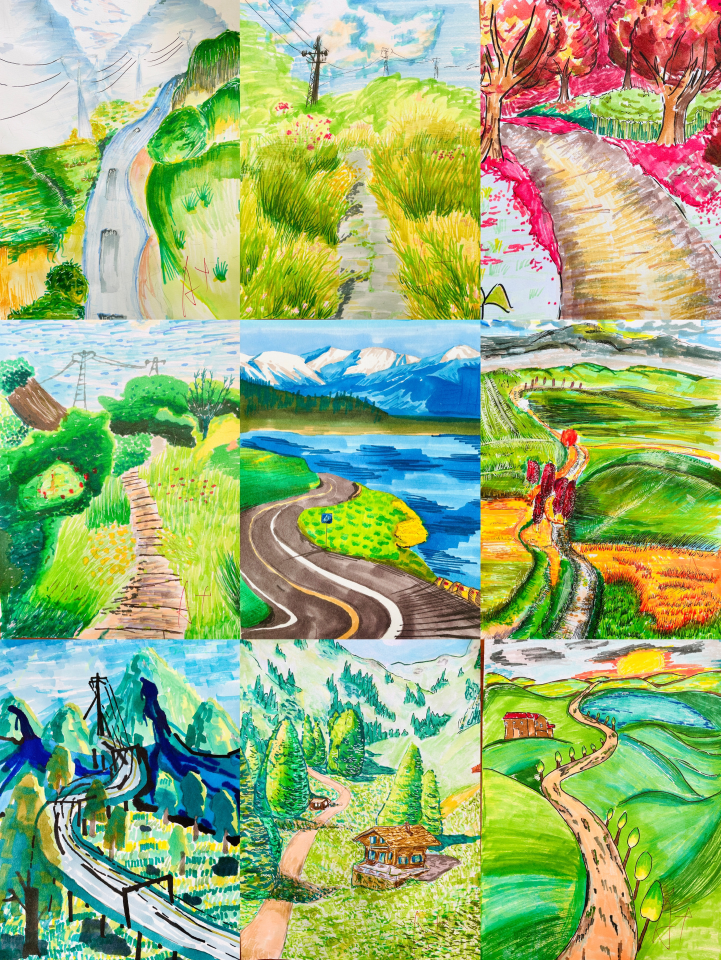 浙美版五年级下册《弯弯的小路》学生作品