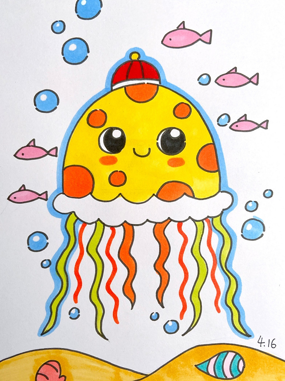 水母儿童画简单手绘简笔画海洋生物男孩儿创 美术宝 水母小精灵 课效