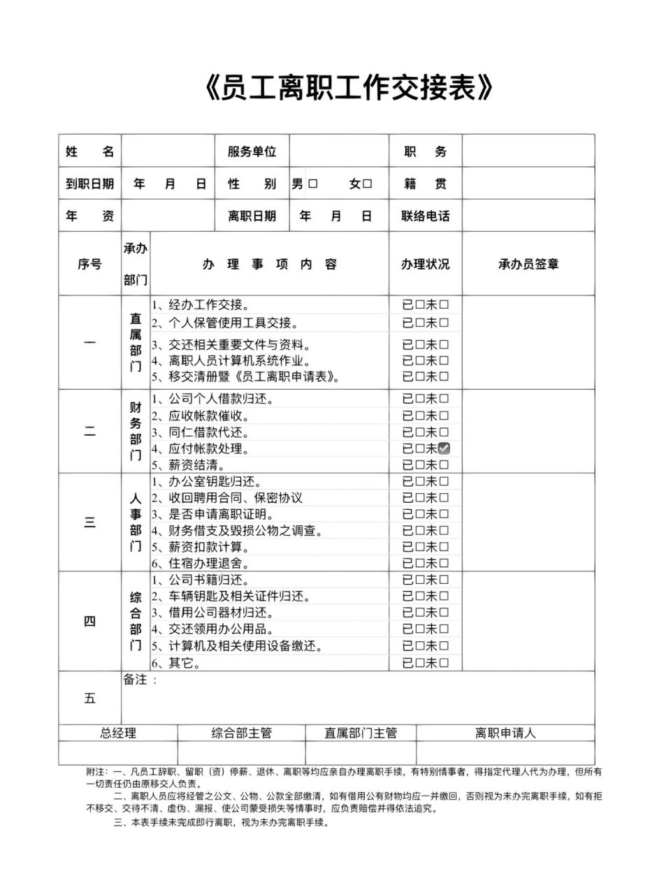 员工离职工作交接表