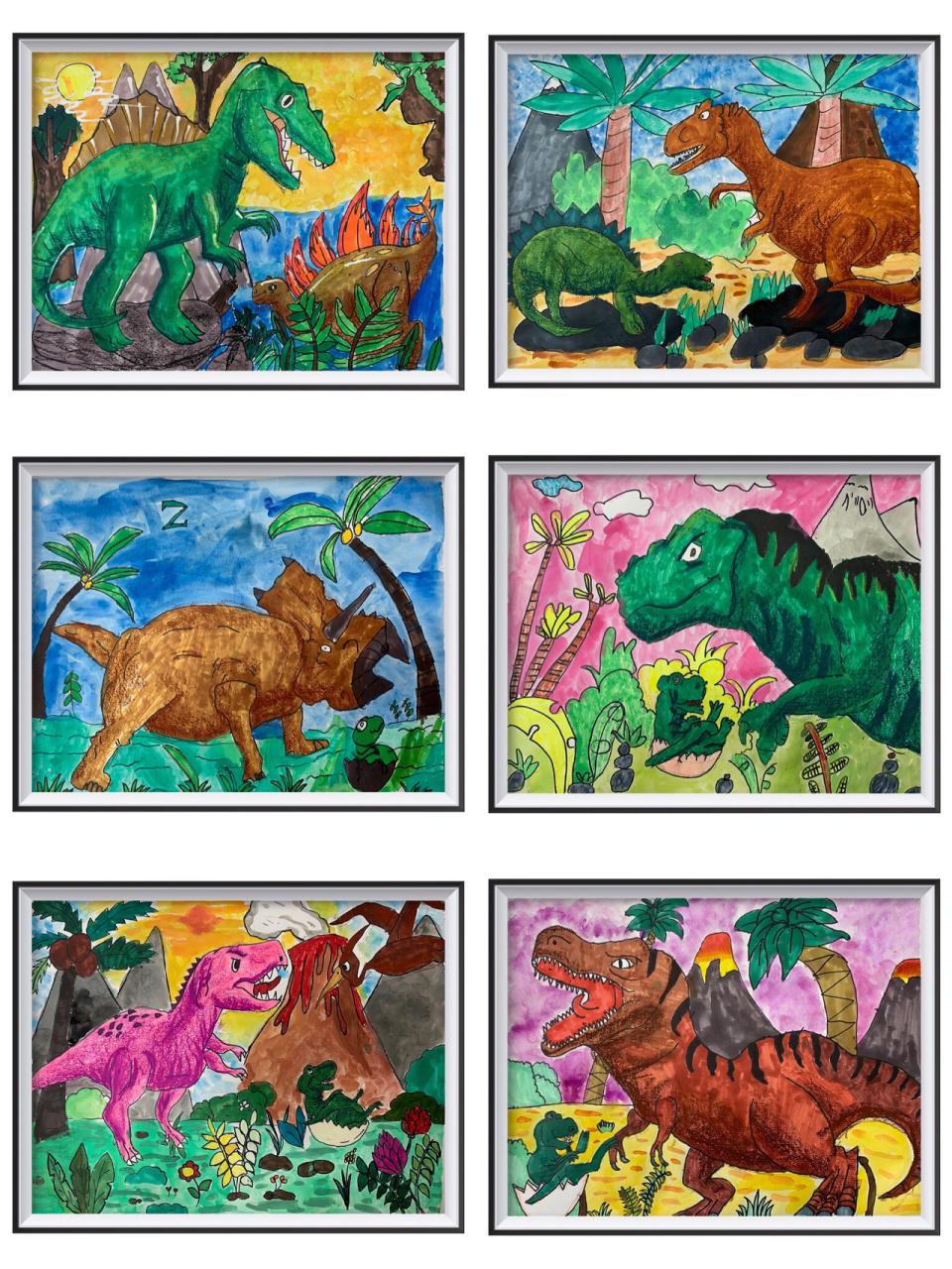 8岁创意绘画《恐龙会》 艺宝们用画笔再现了恐龙绚丽多彩的时代.