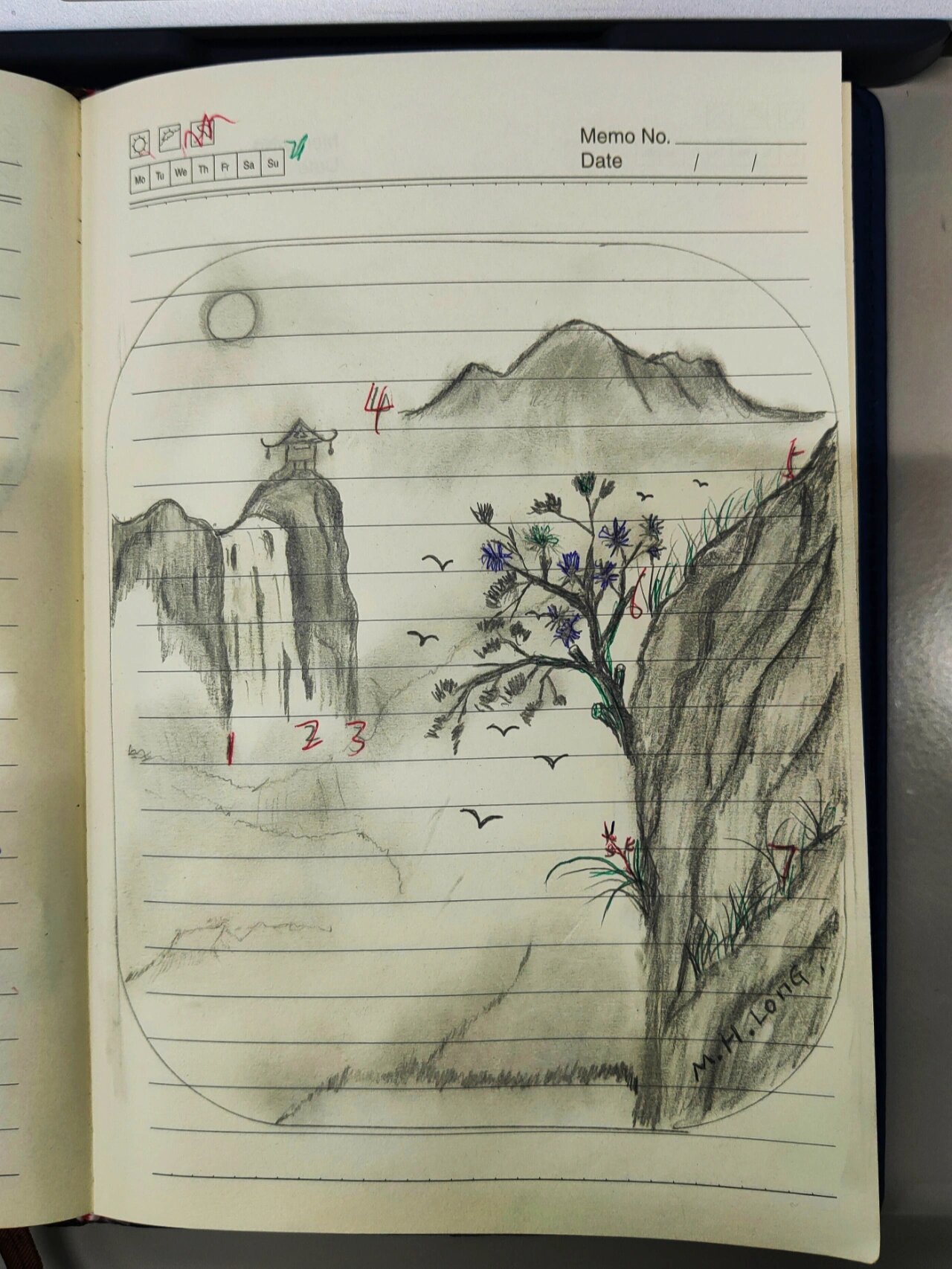 国画山水图,普通铅笔就能画,线条为步骤