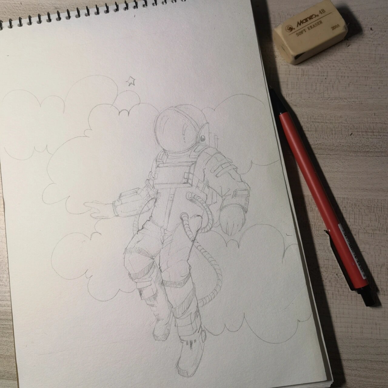 宇航员黑白线描|针管笔插画临摹 简笔画的宇航员孤独云端 "环游是无趣