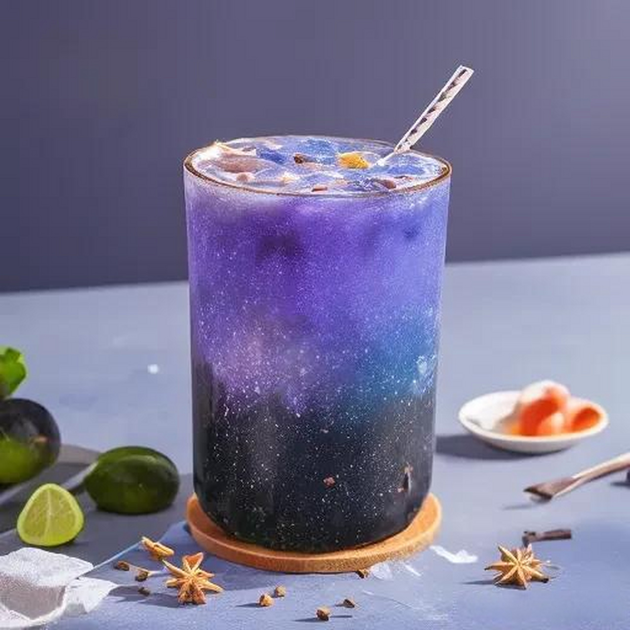 一款充满创意和梦幻感的饮品,它以深蓝色的奶茶为基底,加入璀璨的亮片