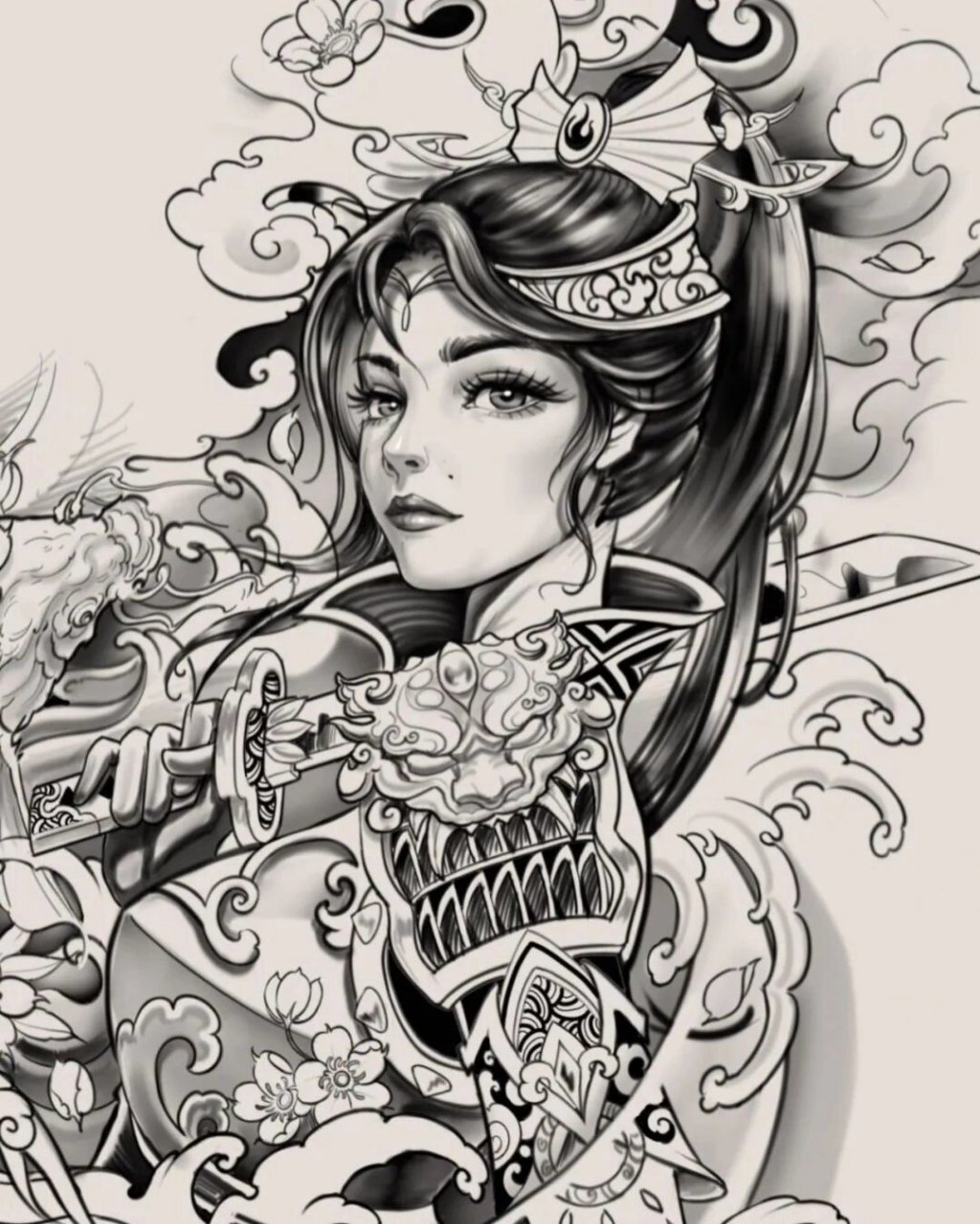 艺妓.武士手稿‖花臂7815 花臂手稿图 艺妓文身7815