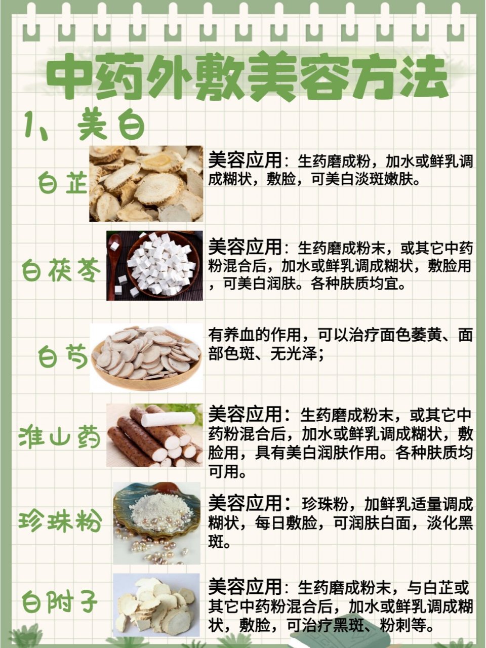 中药外敷美容方法 【白芷】 	 功 效 :具有祛风止痒,润泽美白肌肤