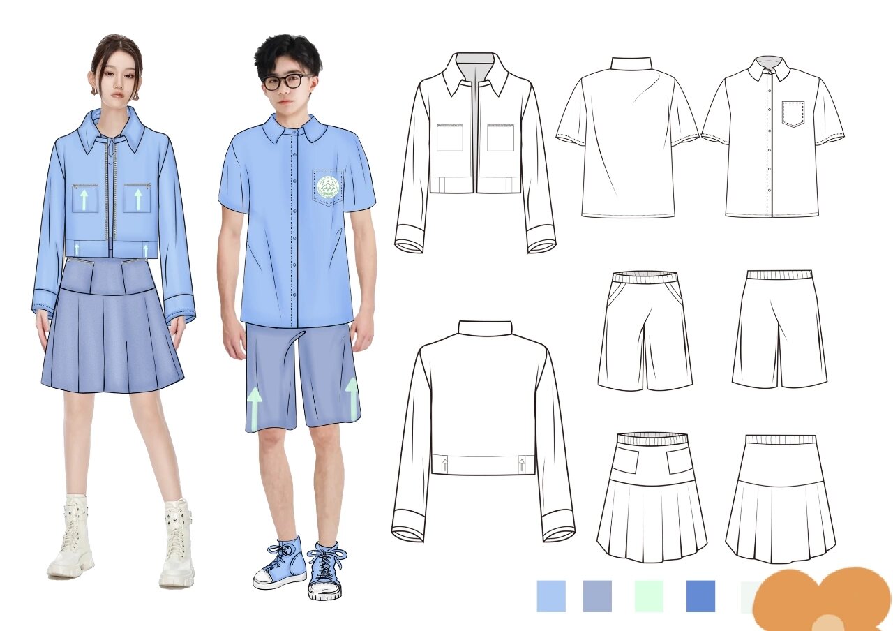 服装设计 最近上课画的校服设计 划水中 效果图款式图约稿