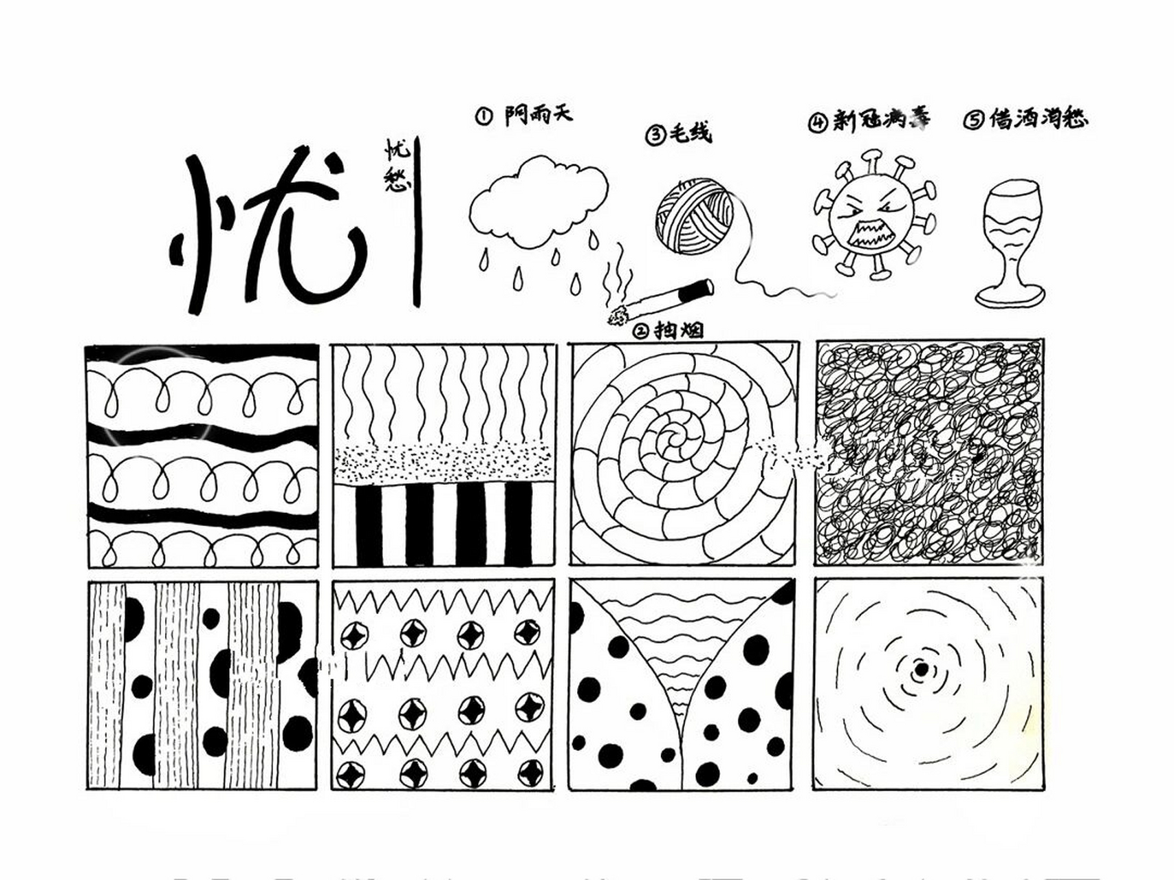 素材分享:喜怒忧思 情绪线描 喜怒忧思惊恐 情绪 线描元素