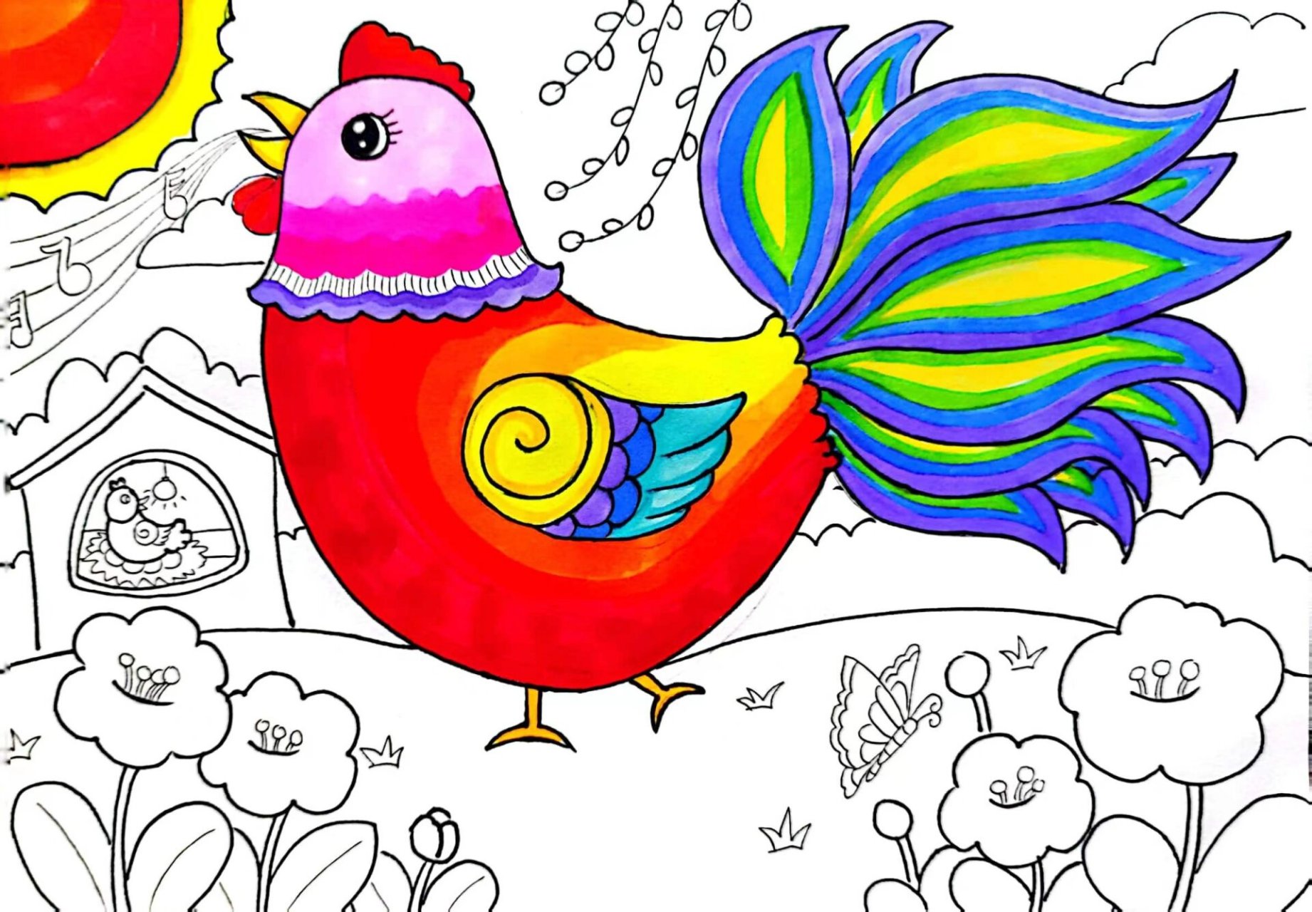 7-8岁马克笔儿童画《美丽的大公鸡》 同款课件作品左下方链接购买即可