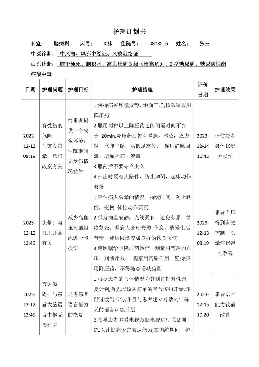 脑干梗死合并二型糖尿病患者的护理计划书
