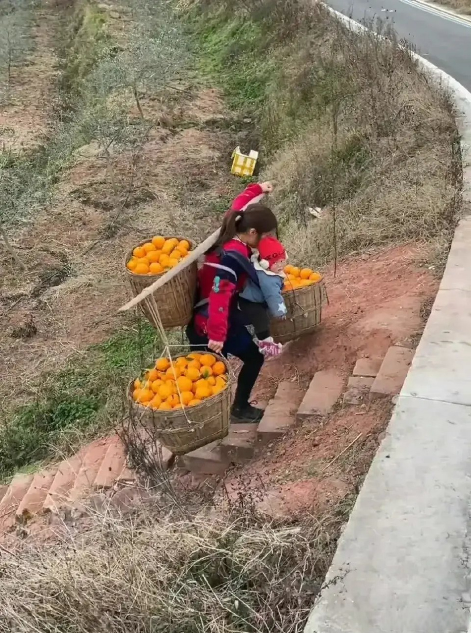 女人背孩子干活的图片图片