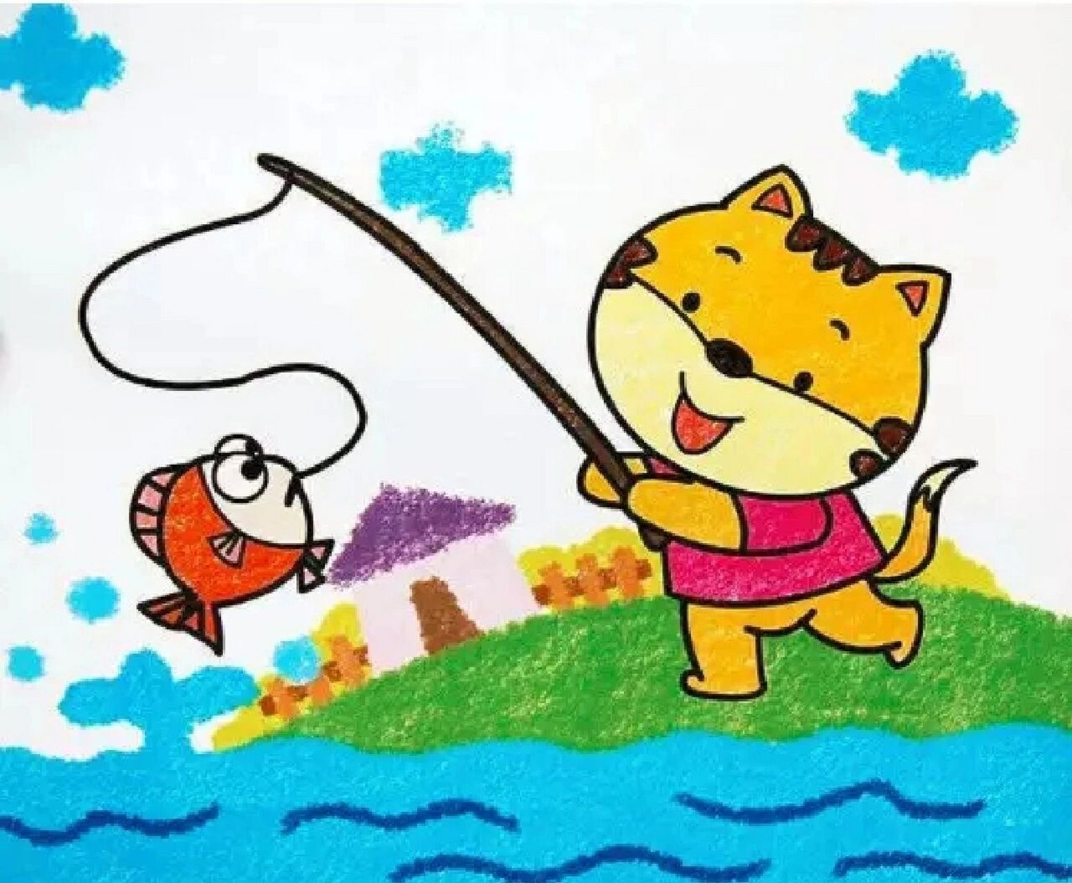 看图写话 小猫钓鱼 在一个风和日丽的日子里,有一只猫要去钓鱼