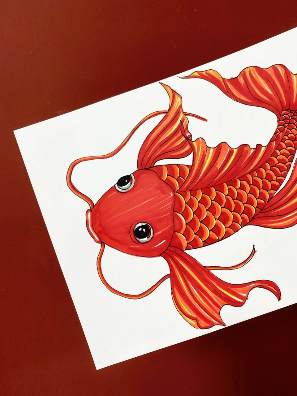 原创马克笔手绘锦鲤—鸿运当头接锦鲤 画了一条红红火火的锦鲤,希望