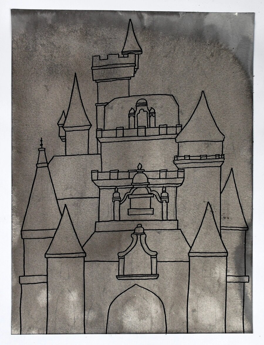 儿童画教程|透着暖暖灯光的古城堡