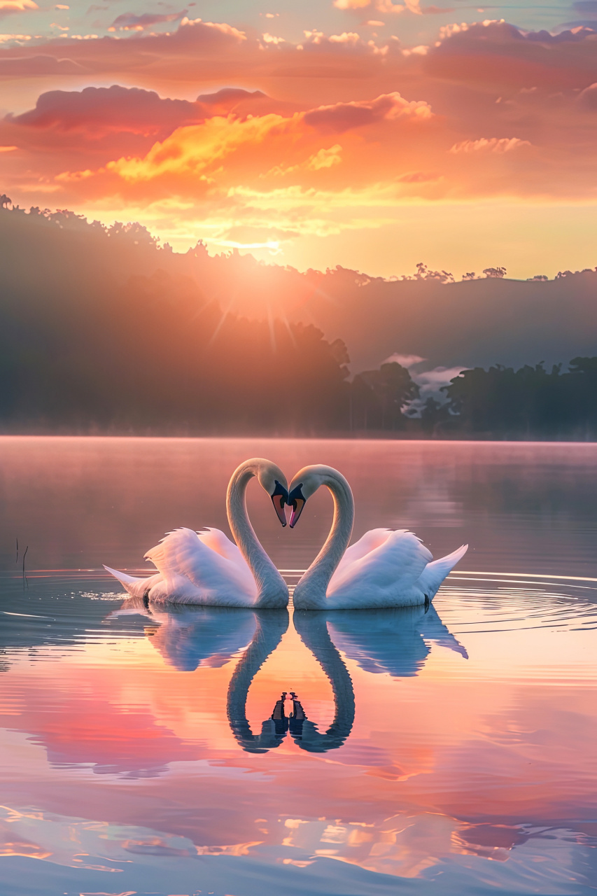 相依相偎,天鹅的颈项形成一颗心形.