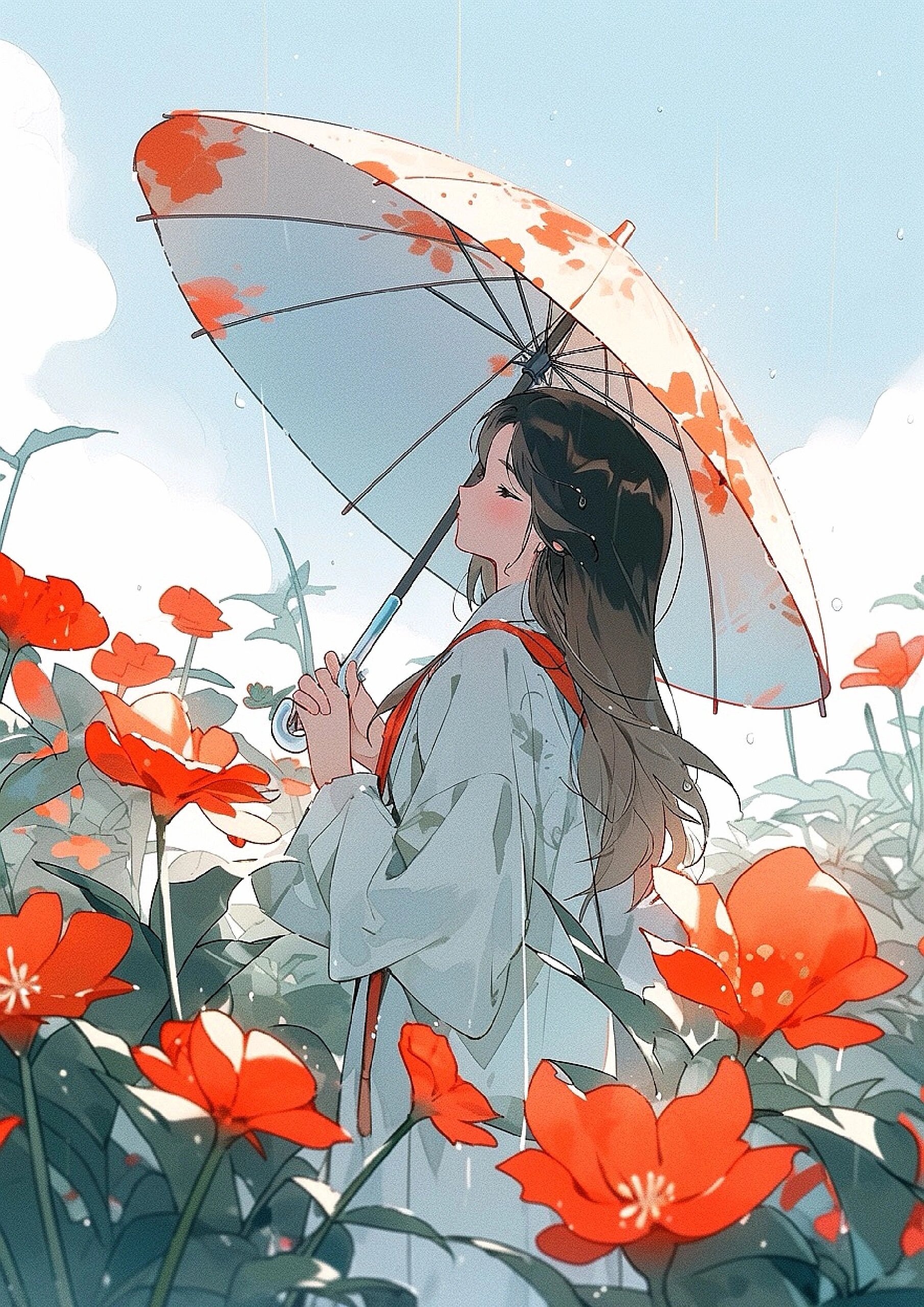 女生打伞治愈系画风