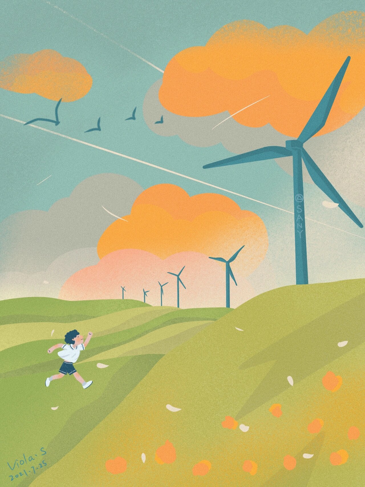 手绘插画12|山坡上的大风车