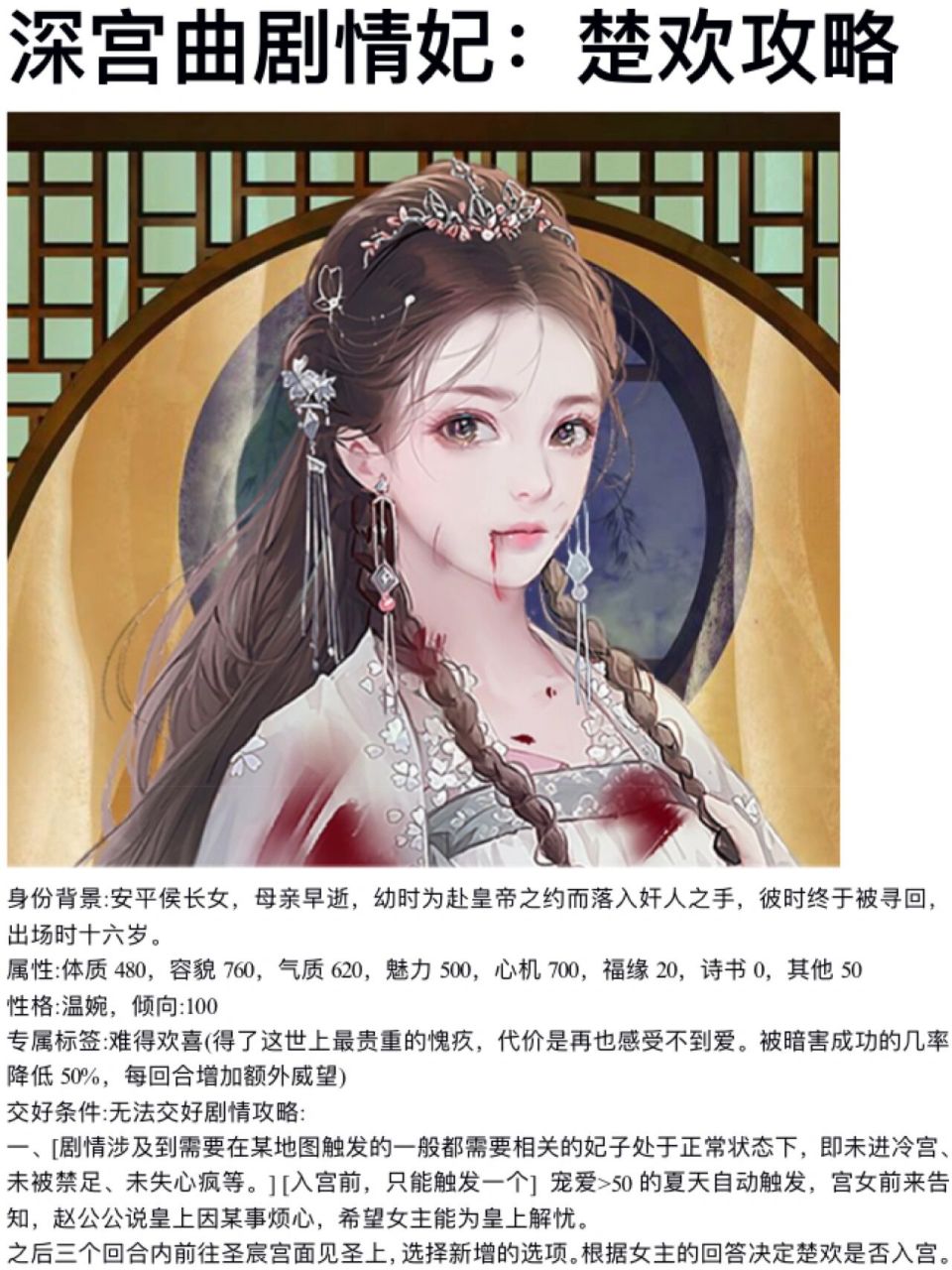 78深宫曲剧情妃:楚欢攻略 94身份背景:安平侯长女,母亲早逝,幼时