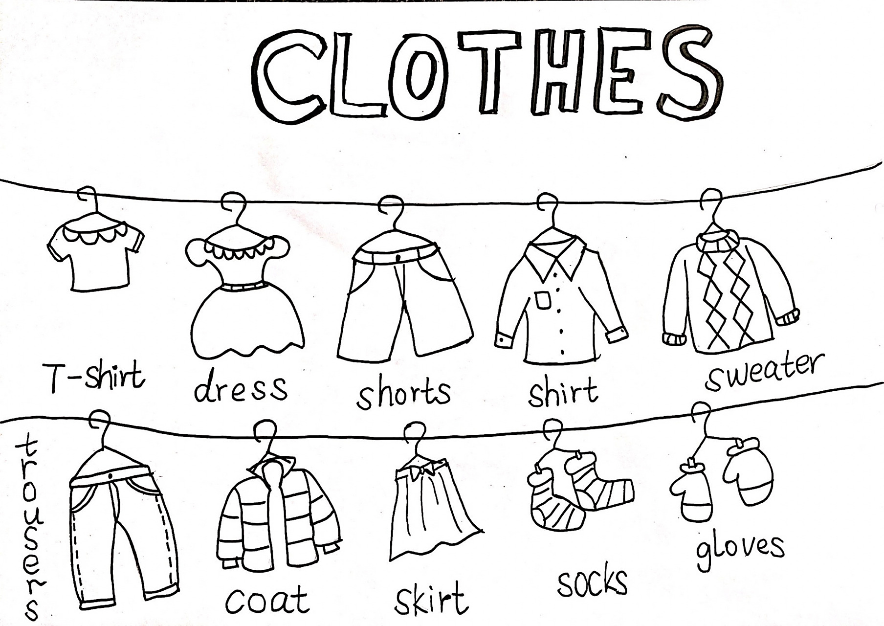 简笔画英文小报,学单词的手抄报 以clothes为主题的手抄报,涂色前vs