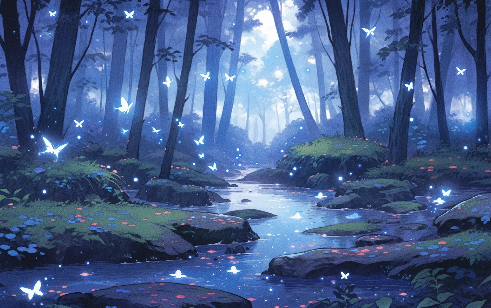 高清手机电脑壁纸 治愈系森林 midjourney 静谧的森林 流淌的河水