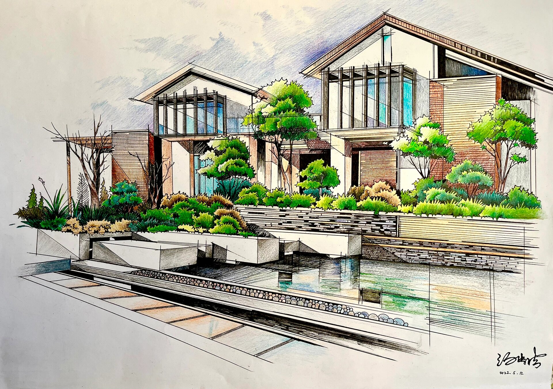 室外建筑手绘效果图—彩铅