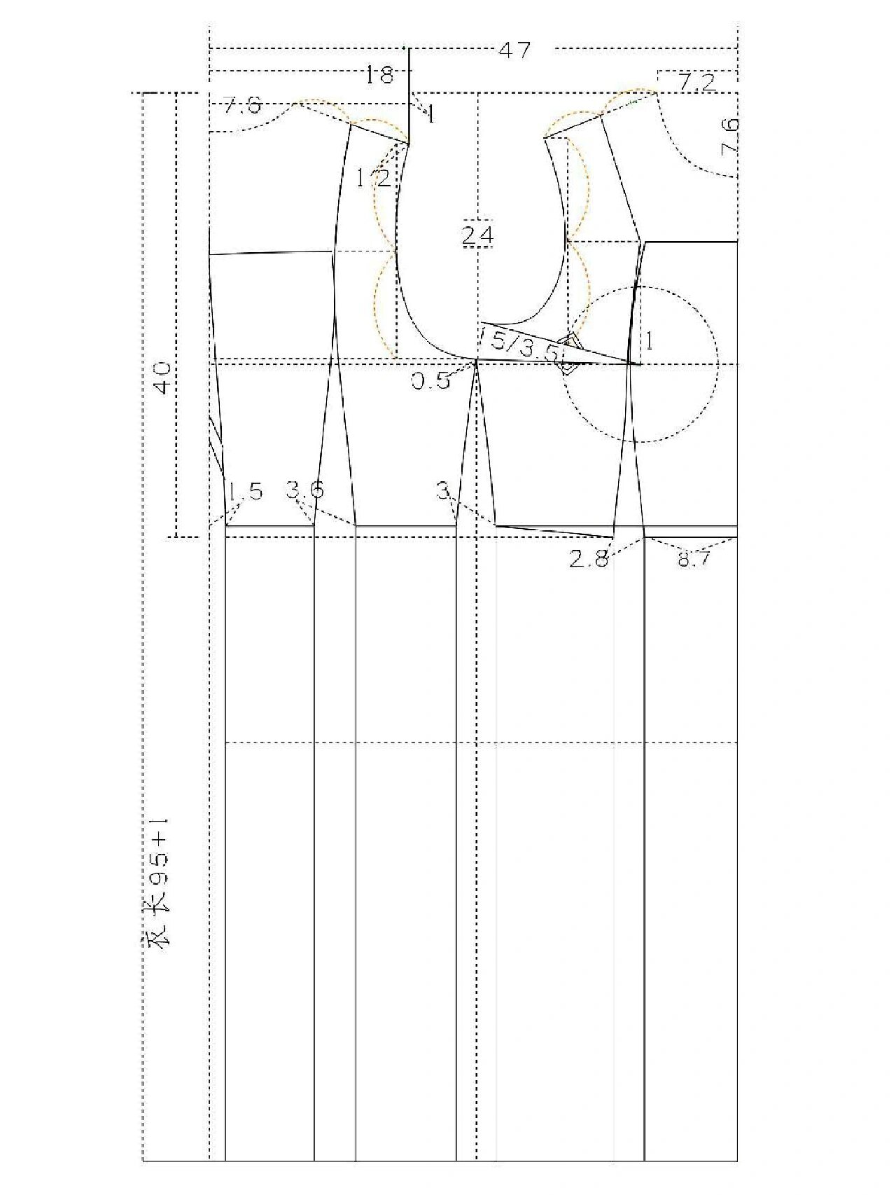 复古方领口收腰连衣裙纸样结构图裁剪图