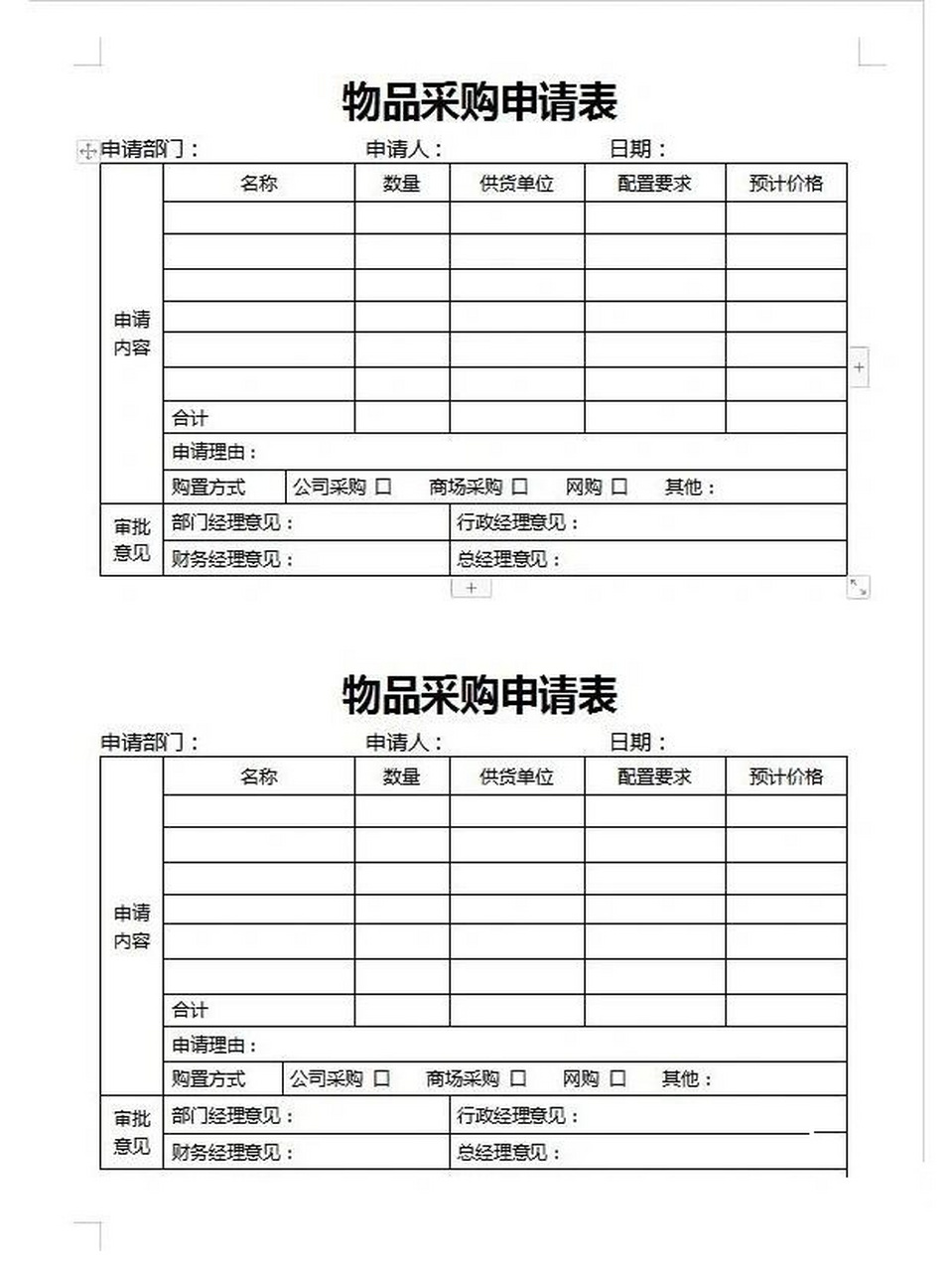 常用的物品采购申请表模板