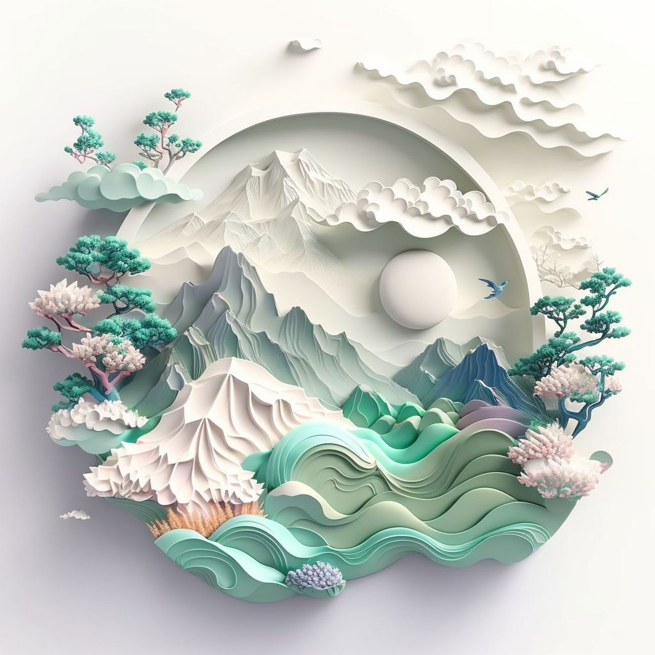 ai绘制国风3d立体山水插画(含关键词) 这套配色我好喜欢,再来一套山水
