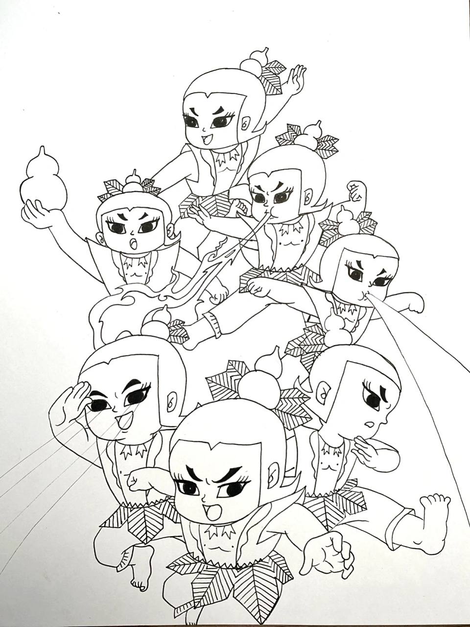 葫芦娃 大娃:劈山裂地 二娃:千里电光 三娃:金钟守护 四娃:火龙降临