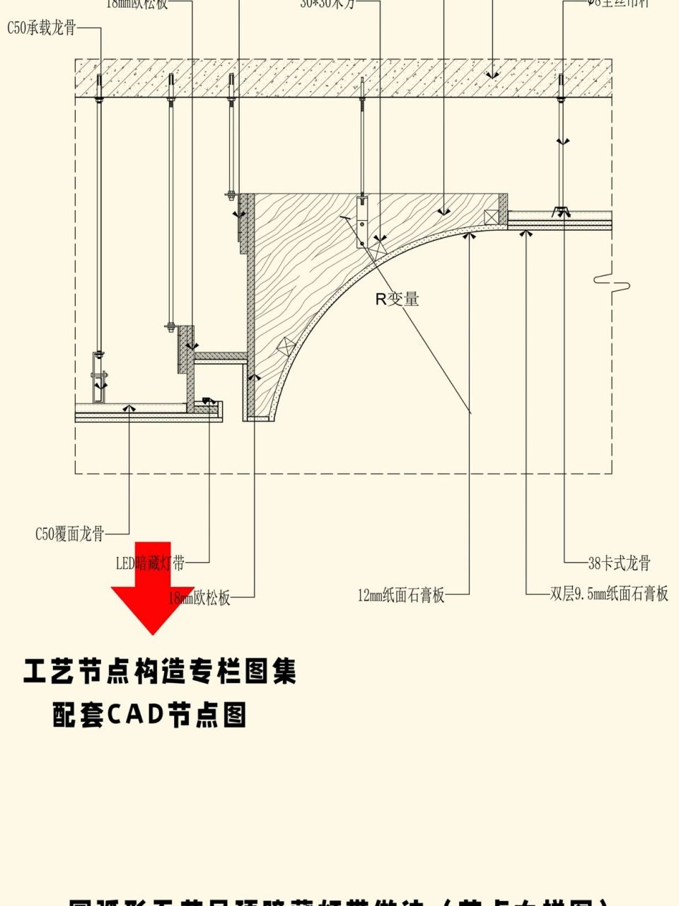 室内设计施工图圆弧形吊顶暗藏灯带做法详图 #室内设计# #cad施工图