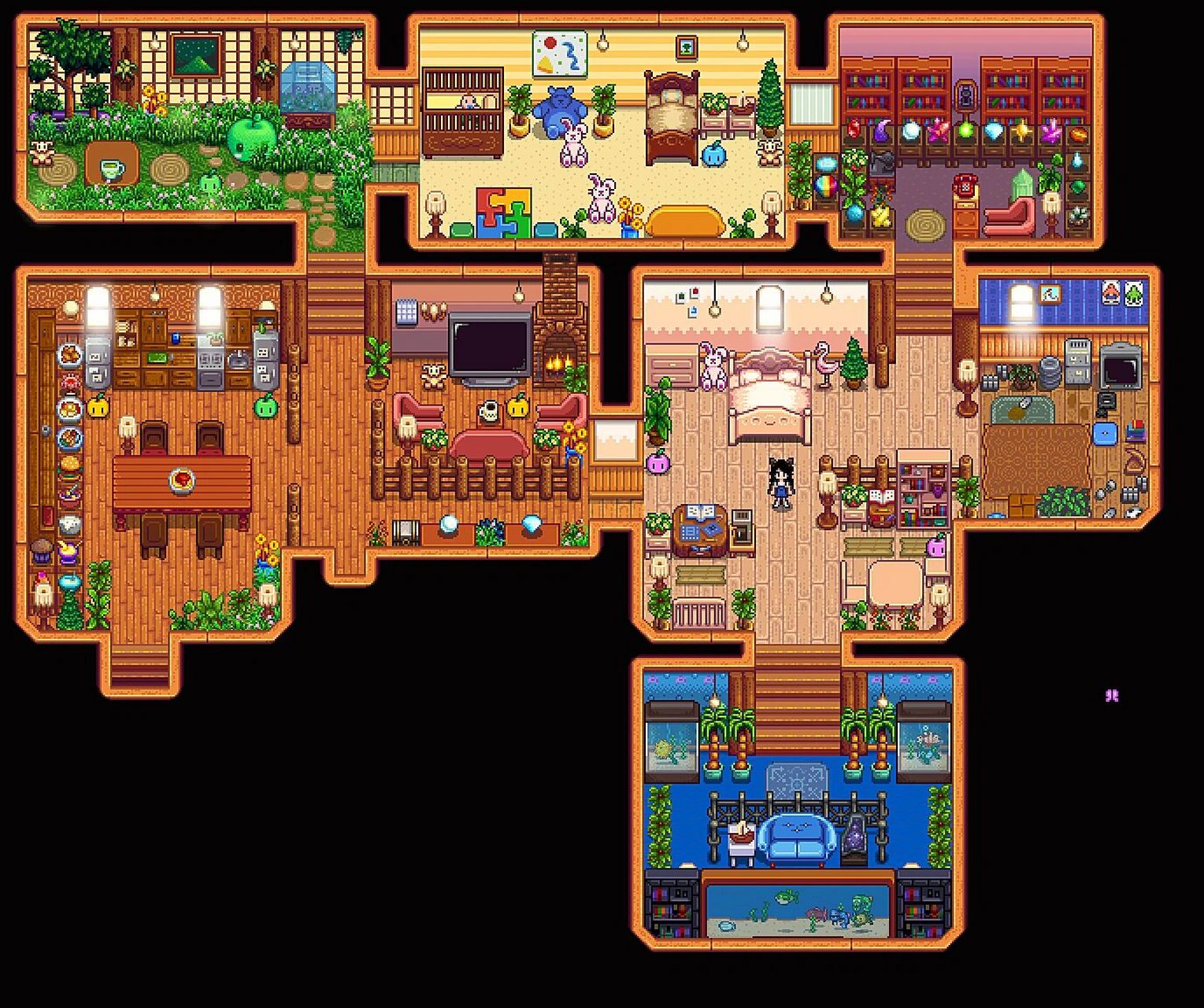 p1:放一张星露谷室内布局完整图(装修比赚钱难好多) p2:左上角小房间