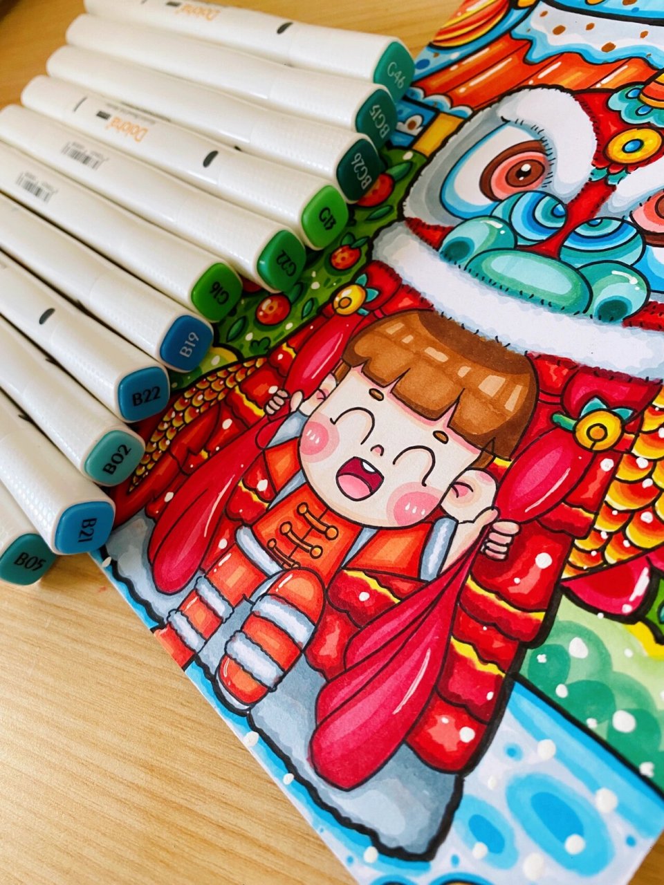 儿童画|《新年舞龙》|马克笔绘画 知识点来自汤圆老师临摹注明出处
